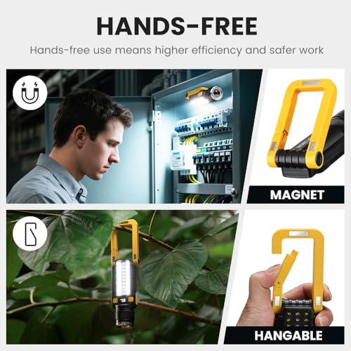 Rechargeable LED Work Light, Magnetic COB Flashlight with Hook & Clamp, 7 Modes Portable Work Lamp with Battery Display for Car Repair, Camping, Emergency(2 Packs) - size: 2 Pack Yellow
