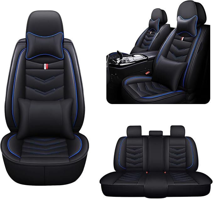 MVRVMV Seat Covers for Ford Mustang 2006-2026, Waterproof Leather Auto Seat Cover with 2* Neck Pillow and 2* Lumbar Support (5 Seat Luxury,Black-Blue)