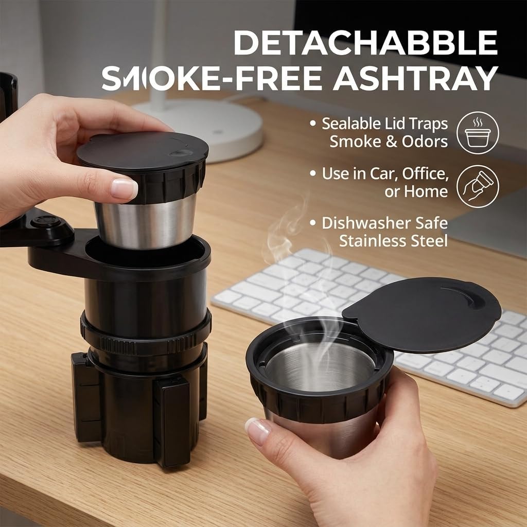 Universal 3-in-1 Car Cup Holder Expander with Removable Ashtray, Adjustable Base & Dual Drink Slots, Heavy-Duty Adapter Fits 18-40oz Bottles and Thermoses for Cars, Trucks, and SUVs