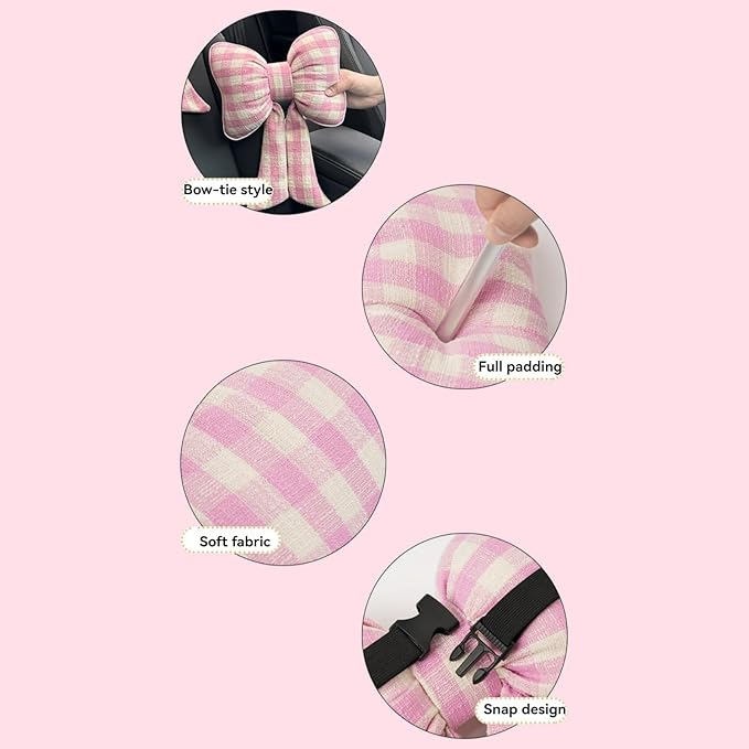 Car Accessories Plaid Bow Headrest Lumbar Pillow 4PCs Set Cotton Linen Elegant Soft Car Seat Cushions for Daily Commuting Trave (Blue Plaid,4pcs)
