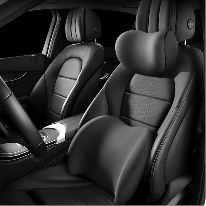 Car Headrest & Lumbar Support Cushion 2025 Upgrade Comfort Memory Foam Car Backrest and Neck Pillow Ergonomic Car Headrest & Lumbar Support for Driving Car Support Cushion for Office Chair Car (Black)