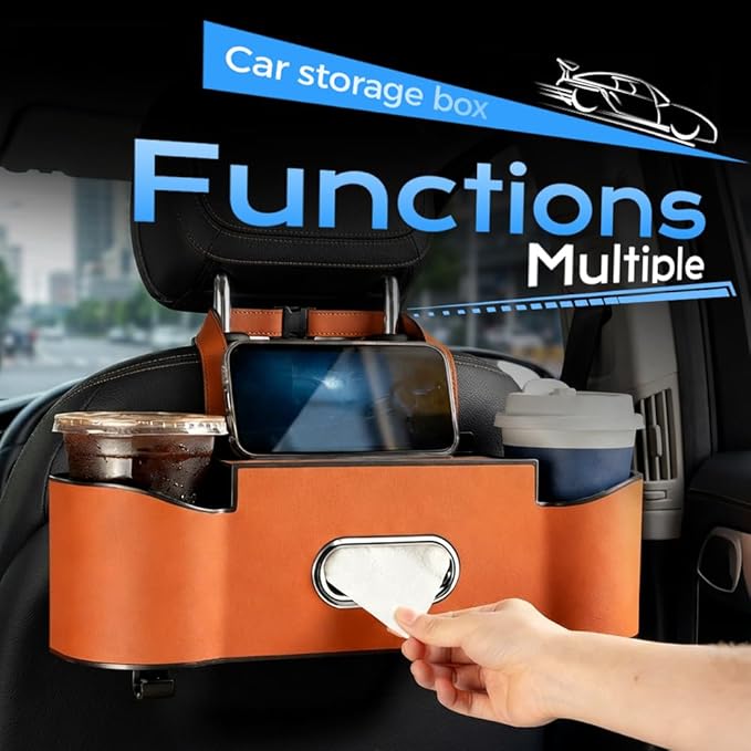 Back Seat Car Organizer with Cup Holder, 2026 New Backseat Car Organizer Back Seat, Multifunctional Car Seat Back Organizer Storage Box with Hooks & Tissue Box, for Drinks, Phone & Handbags (White)