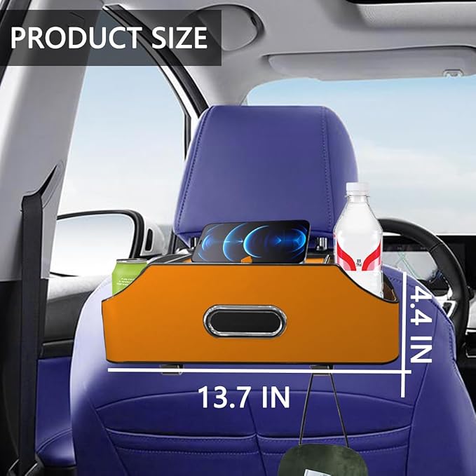 AUCELI Car Seat Back Organizer with Cup Holder and Tissue Box, Headrest Hanging Storage Box with Hooks and Phone Holder, Multi-Function Travel Tray for Kids (Reddish Brown)