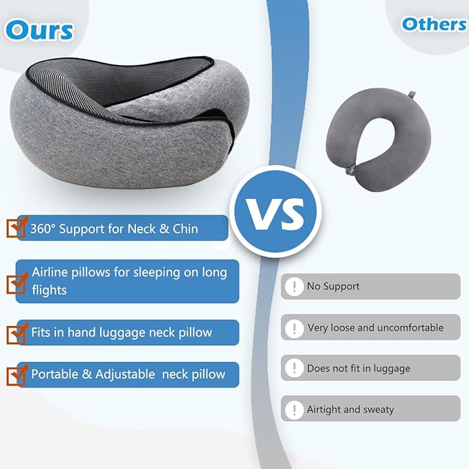 Travel Neck Pillow for Airplane, Adults Memory Foam Neck Pillow for Traveling, Ergonomic Neck Support for Airplane Sleeping, Car, Airport Travel Pillow, Portable Adults Turtle Plan Pillows (Grey)