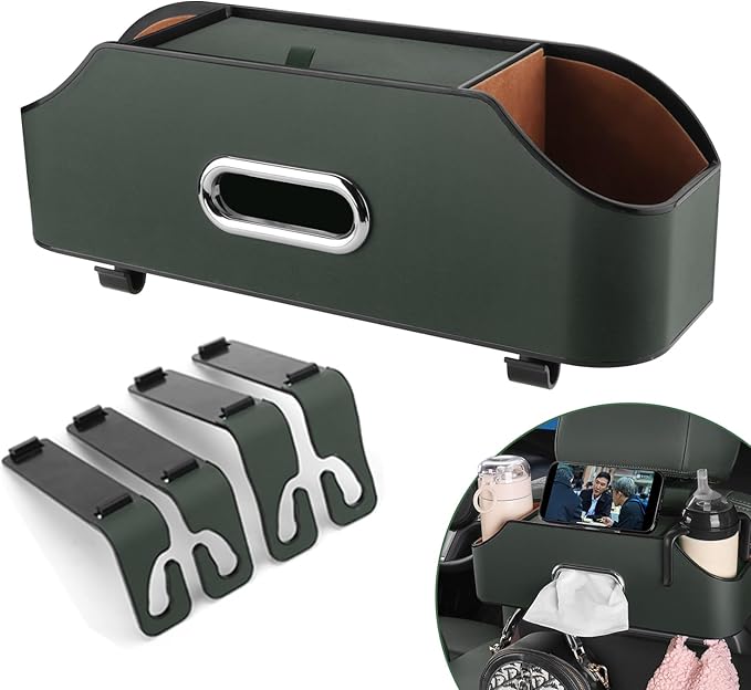 HALOYIVGO Car Seat Back Organizer - Stylish & Functional Storage for Family Adventures - Cup Holders, Tissue Box & Hooks - Perfect for Kids, Road Trips & Travel (Emeralds)