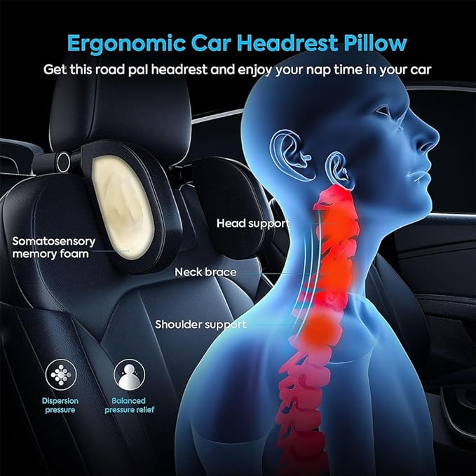 Car Seat Headrest Lumbar Support Kit for Tesla Model Y 2021 2022 2023, Ergonomic Memory Foam Head Neck Pillow Back Cushion Drivers Travel Anti Fatigue,A/Black