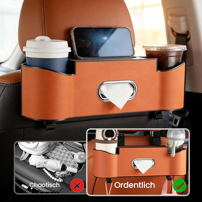 Back Seat Car Organizer with Cup Holder, 2026 New Backseat Car Organizer Back Seat, Multifunctional Car Seat Back Organizer Storage Box with Hooks & Tissue Box, for Drinks, Phone & Handbags (Brown)