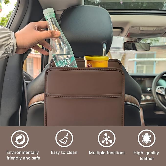Car Seat Back Organizer, Leather Multipurpose Hanging Vehicle Backseat Headrest Storage Bag, Automotive Pouch Pocket Organizer for Kids & Adults, Universal for Truck SUV Sedan (Black)