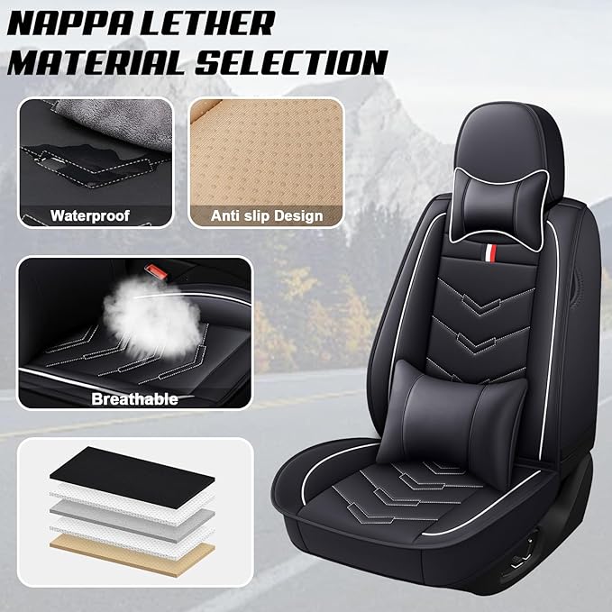MVRVMV Luxury Car Seat Covers for Ford Explorer 2012-2026, Nappa Leather Auto Seat Cover with 2 Neck Pillows and 2 Lumbar Supports (2 Seat Luxury, Black-White)