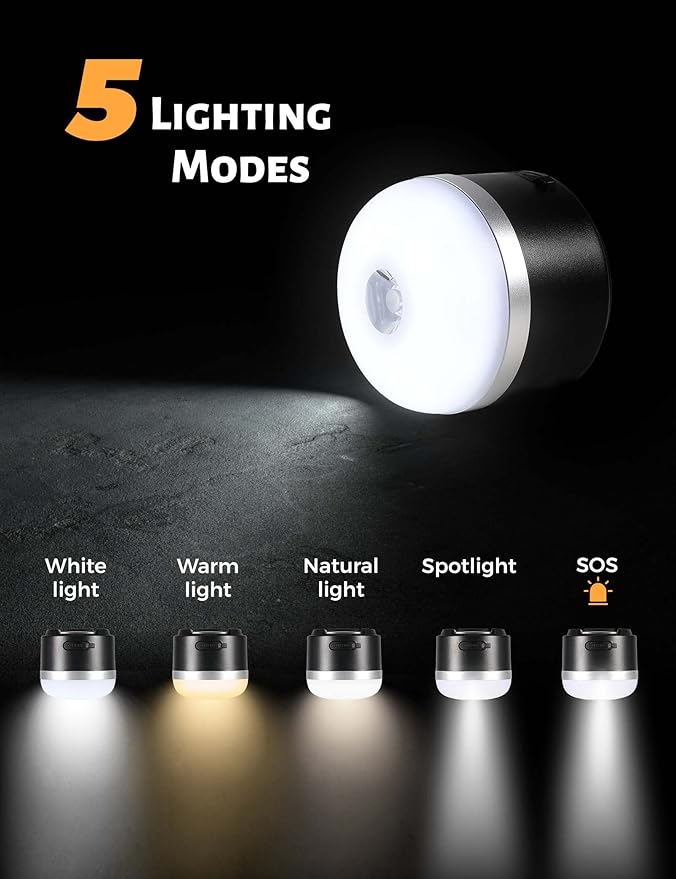 Camping Lantern, 600LM Camping Lights, 5 Light Modes Rechargeable Lantern Waterproof Mini Flashlight Emergency Lights for Home Power Failure, Camping Hanging, Car Camping (Black)