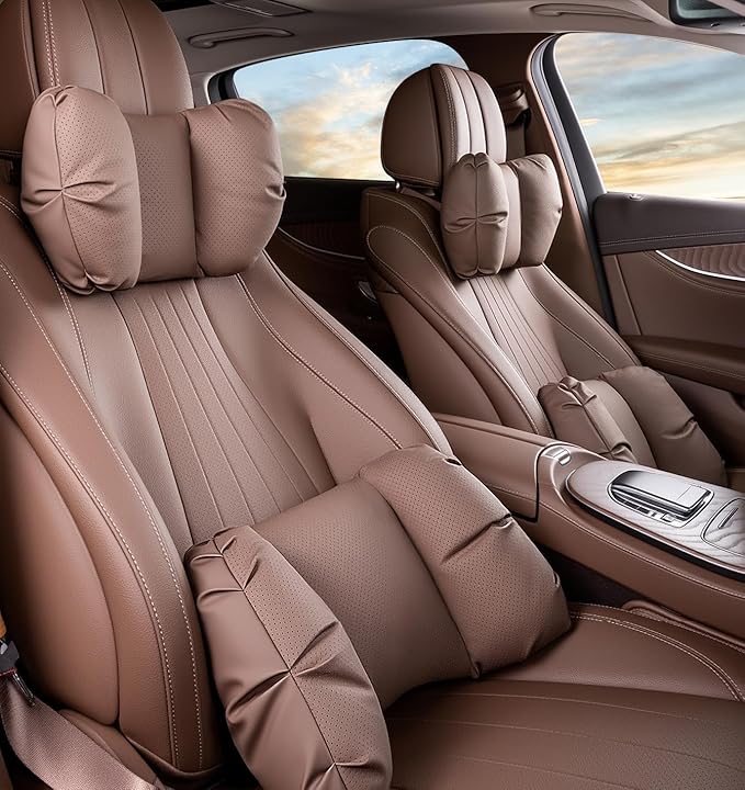Car Neck Pillow & Lumbar Support for Lincoln Aviator 2020-2024 Ergonomic Breathable Mesh Auto Seat Back Cushion Headrest,Brown-Neck & Lumbar Set