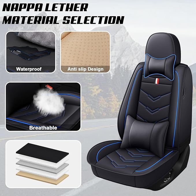 MVRVMV Seat Covers for Ford F-250 2010-2026, Waterproof Leather Auto Seat Cover with 2* Neck Pillow and 2* Lumbar Support (2 Seat Luxury,Black-Blue)