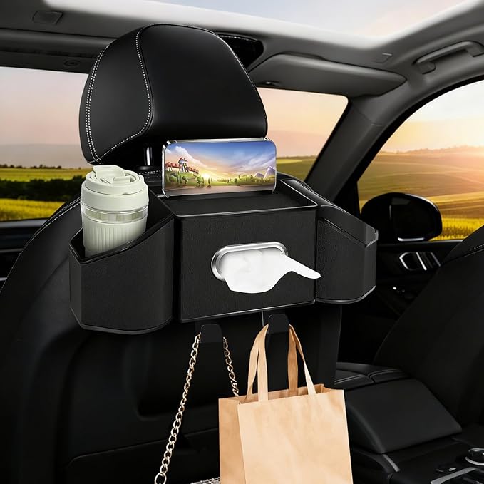 7-In-1 Car Seat Back Organizer with Cup Holders, Tissue Box, Garbage Can&Hooks, Multifunctional Headrest Storage Organizer, Headrest Cup Holder for Backseat, Car Accessories for Trips, Travels(Black)