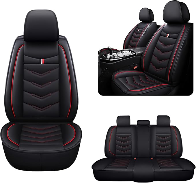 MVRVMV for Ford F-350 2010-2026 Seat Covers, Waterproof Leather Seat Cover (5 Seat Standard,Black-Red)