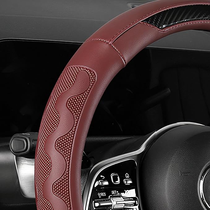 SEG Direct Car Steering Wheel Cover Medium Size 14 1/2"-15" Embossed Microfiber Leather with Carbon Fiber Pattern Burgundy