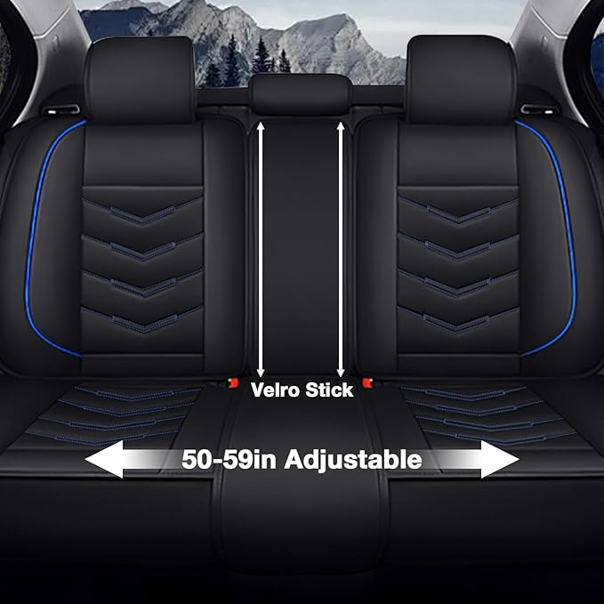 MVRVMV Seat Covers for Ford Mustang 2006-2026, Waterproof Leather Auto Seat Cover with 2* Neck Pillow and 2* Lumbar Support (5 Seat Luxury,Black-Blue)
