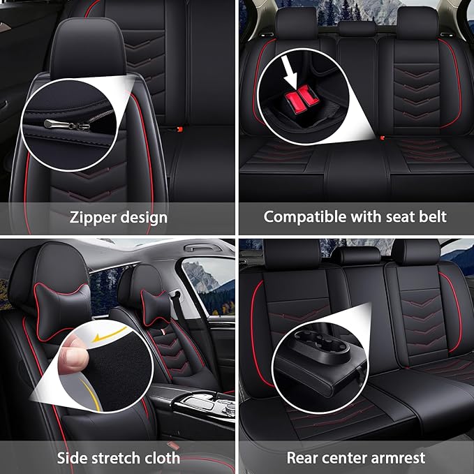 MVRVMV for Ford F-350 2010-2026 Seat Covers, Waterproof Leather Seat Cover with 2* Neck Pillow and 2* Lumbar Support (2 Seat Luxury,Black-Red)