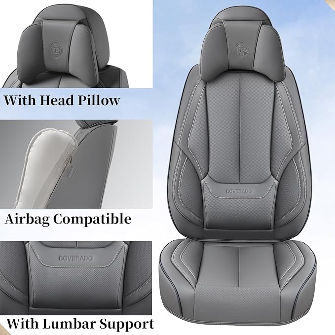 Coverado Universal Seat Covers Front, 2-Pack Waterproof Seat Covers for Cars, Universal Nappa Leather Car Seat Covers with Head Pillow, Auto Protectors Fit for Most Sedans SUV Pick-up Truck-Gray