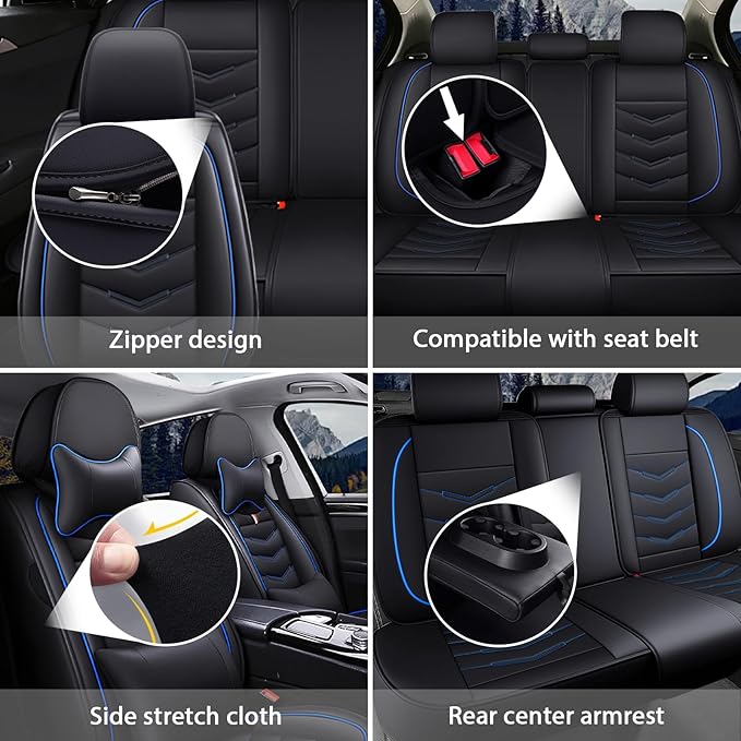 MVRVMV Seat Covers for Ford F-350 2010-2026, Waterproof Leather Auto Seat Cover with 2* Neck Pillow and 2* Lumbar Support (2 Seat Luxury,Black-Blue)