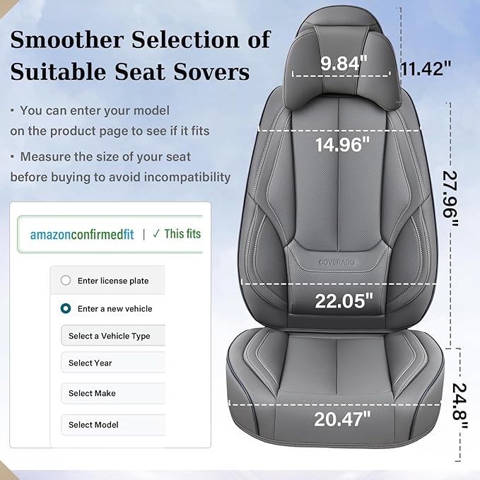 Coverado Universal Seat Covers Front, 2-Pack Waterproof Seat Covers for Cars, Universal Nappa Leather Car Seat Covers with Head Pillow, Auto Protectors Fit for Most Sedans SUV Pick-up Truck-Gray