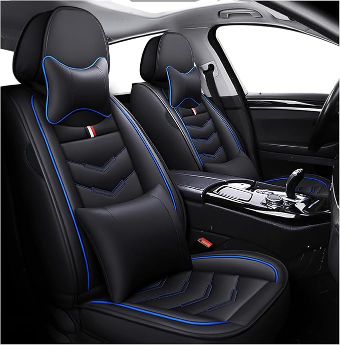 MVRVMV Seat Covers for Ford Explorer 2007-2026, Waterproof Leather Auto Seat Cover with 2* Neck Pillow and 2* Lumbar Support (2 Seat Luxury,Black-Blue)