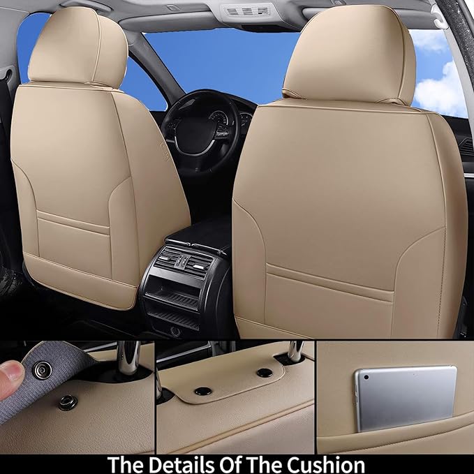 Coverado Universal Seat Covers Full Set, 5 Seats Universal Seat Covers for Cars, Waterproof NAPPA Leather Car Seat Covers with Head Pillow, Auto Protectors Fit for Most Sedans SUV Pick-up Truck, Beige