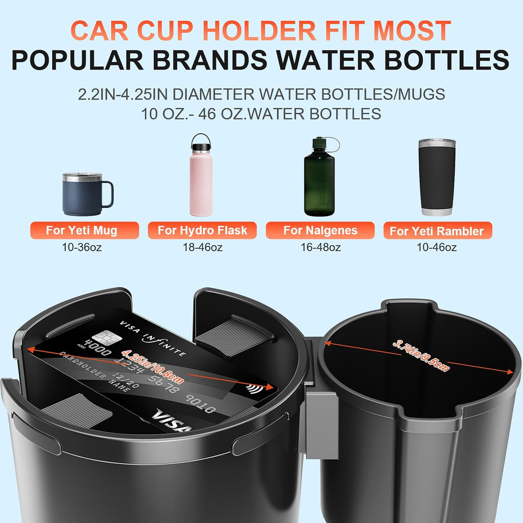 2-in-1 Car Cup Holder Expander, Upgraded Cup Adapter for Car with Offset Option,Phone Holder - Adjustable Base,Versatile Car Accessories Fits Yeti,Hydroflask & Large Water Bottles in 2.2"-4.2" (Black)
