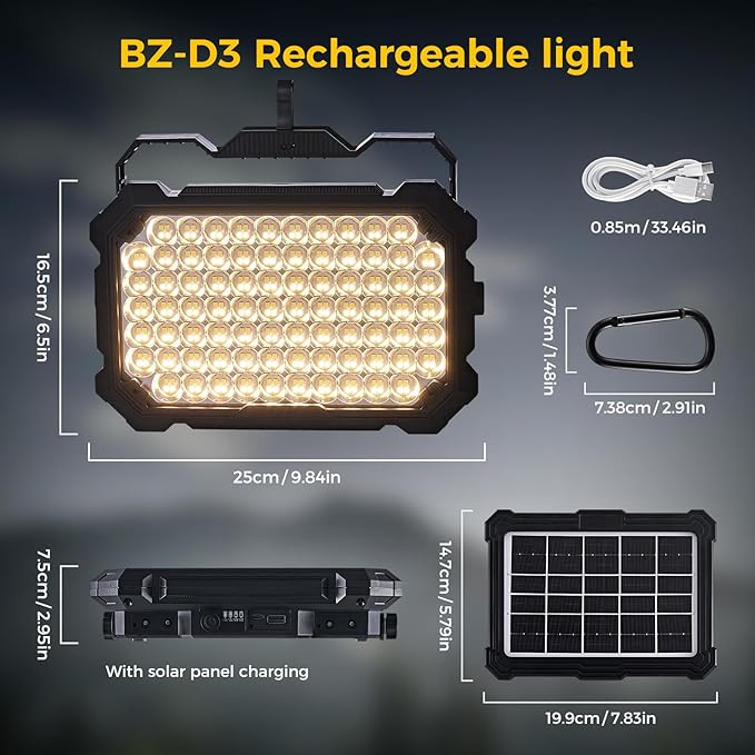 300W LED Solar Work Light Rechargeable, 8000LM LED Solar Camping Lantern, Portable Camping Lights, 4 Light Modes, IP67 Waterproof Tent Lights for Power Outages, Emergency, Hiking, Car Repair