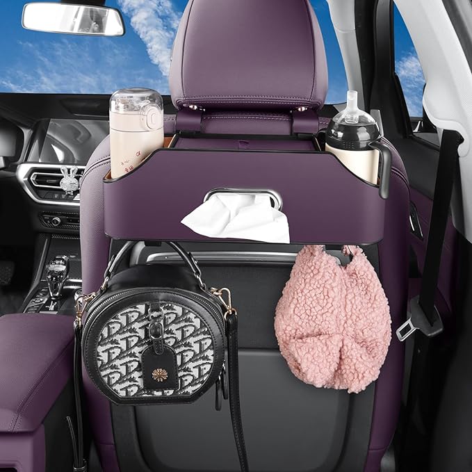 Car Seat Back Organizer - Stylish & Functional Storage for Family Adventures - Cup Holders, Tissue Box & Hooks - Perfect for Kids, Road Trips & Travel (Purple)