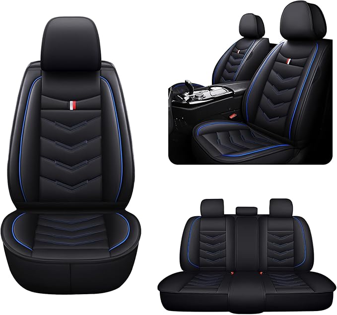 MVRVMV Seat Covers for Ford Bronco 2021-2026, Waterproof Leather Auto Seat Cover (5 Seat Standard,Black-Blue)