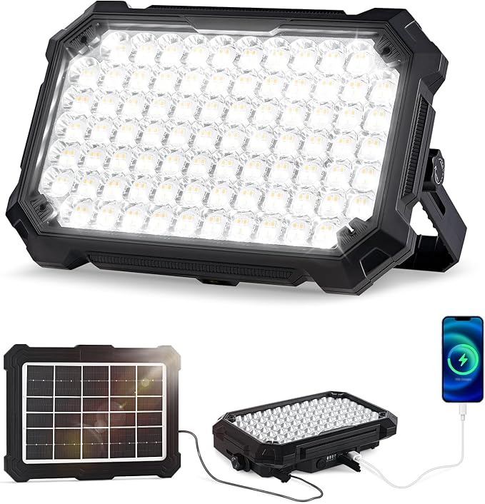 300W LED Solar Work Light Rechargeable, 8000LM LED Solar Camping Lantern, Portable Camping Lights, 4 Light Modes, IP67 Waterproof Tent Lights for Power Outages, Emergency, Hiking, Car Repair