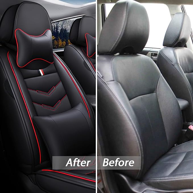 MVRVMV for Ford F-350 2010-2026 Seat Covers, Waterproof Leather Seat Cover with 2* Neck Pillow and 2* Lumbar Support (5 Seat Luxury,Black-Red)