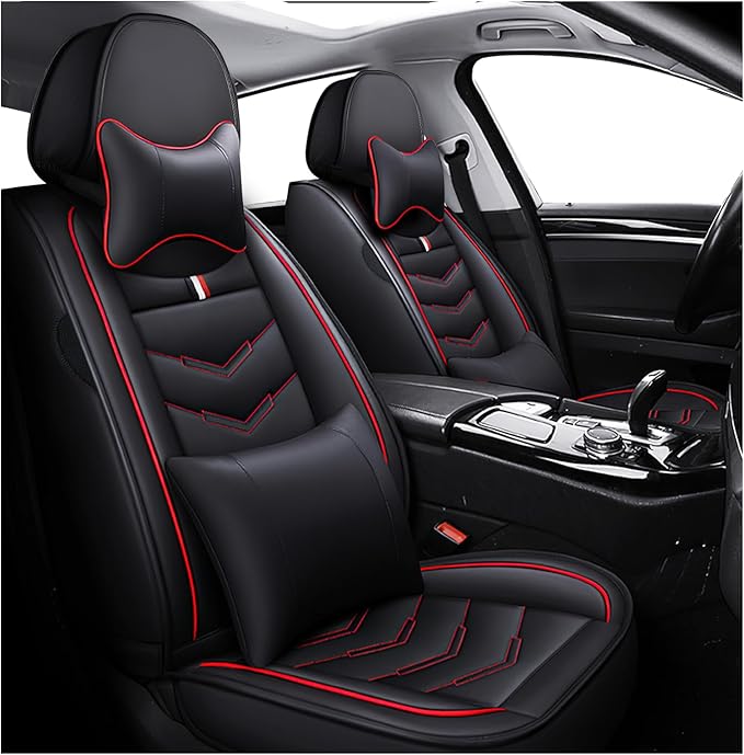 MVRVMV for Ford Escape 2005-2026 Seat Covers, Waterproof Leather Seat Cover with 2* Neck Pillow and 2* Lumbar Support (2 Seat Luxury,Black-Red)