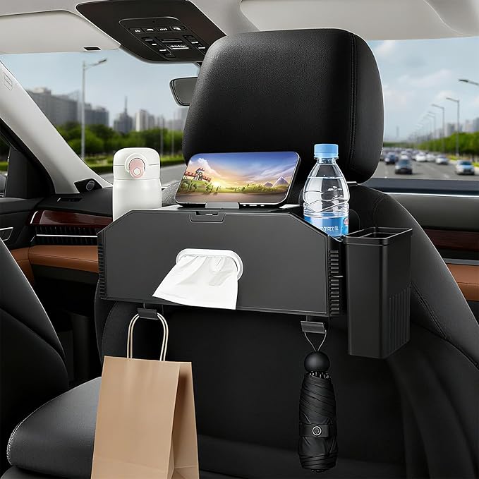 7-In-1 Car Seat Back Organizer with Cup Holders, Tissue Box, Removable Trash Can & Hooks, Multifunctional Car Seat Back Storage Box, Extra Headrest Cup Holder for Backseat (Black02)