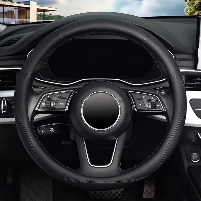 KAFEEK Black Steering Wheel Cover, Universal 15 inch, Microfiber Leather Black, Soft and Odorless, Durable Leather Cover with Anti-Slip Lining