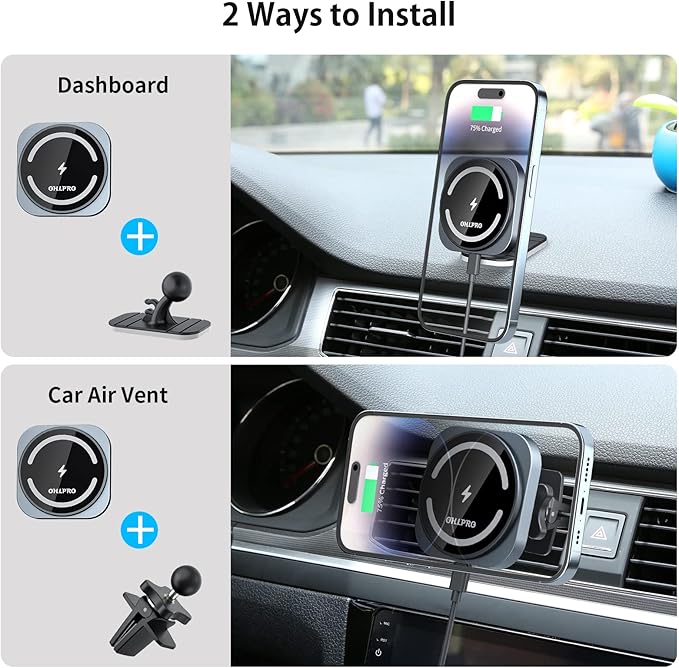 OHLPRO for MagSafe Car Mount Charger, 15W Fast Charging Car Magnetic Phone Holder for Dashboard and Air Vent, Compatible with iPhone 16/15/14/13/12 Series and Magsafe Case