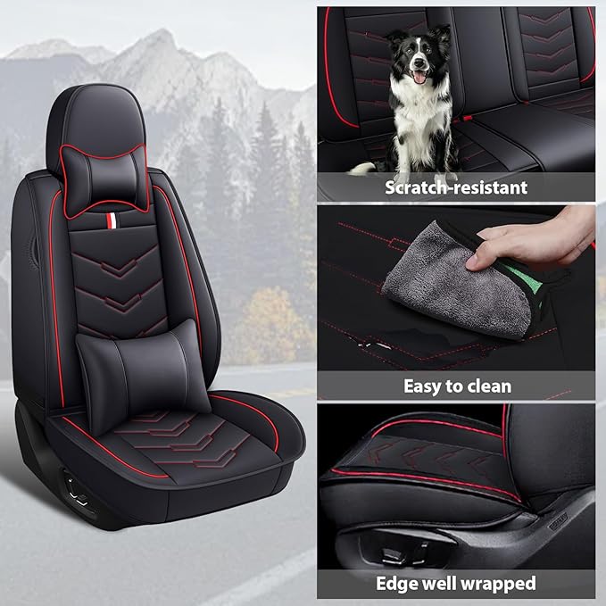 MVRVMV for Ford F-350 2010-2026 Seat Covers, Waterproof Leather Seat Cover with 2* Neck Pillow and 2* Lumbar Support (5 Seat Luxury,Black-Red)