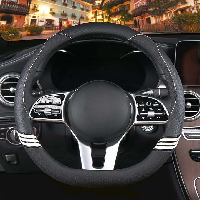 14 inch Cute D Shaped Steering Wheel Cover for Women Men Faux Leather and Carbon Fiber,Black