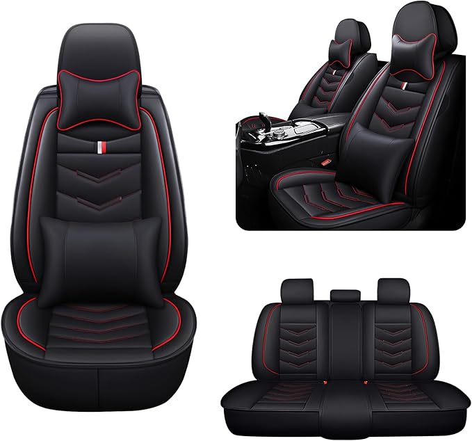 MVRVMV for Ford Mustang 2006-2026 Seat Covers, Waterproof Leather Seat Cover with 2* Neck Pillow and 2* Lumbar Support (5 Seat Luxury,Black-Red)