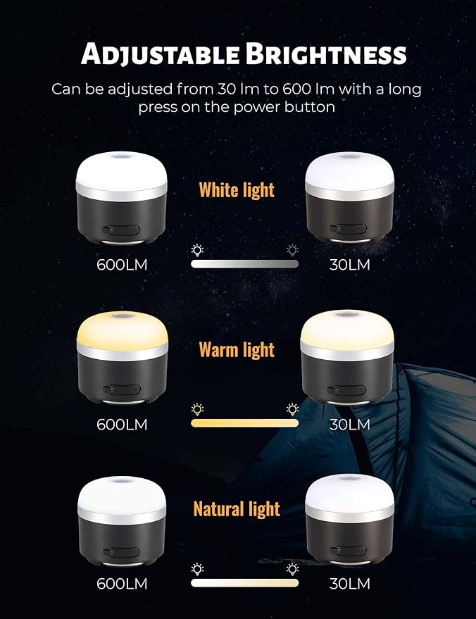 Camping Lantern, 600LM Camping Lights, 5 Light Modes Rechargeable Lantern Waterproof Mini Flashlight Emergency Lights for Home Power Failure, Camping Hanging, Car Camping (Black)