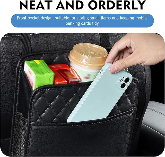 Car Seat Back Organizer, Large Capacity Leather Multi-functional Double Storage Bag with Side Mesh Pocket, Waterproof Strap-On Rear Seat Hanging Bag, Universal for Most Cars (Black)