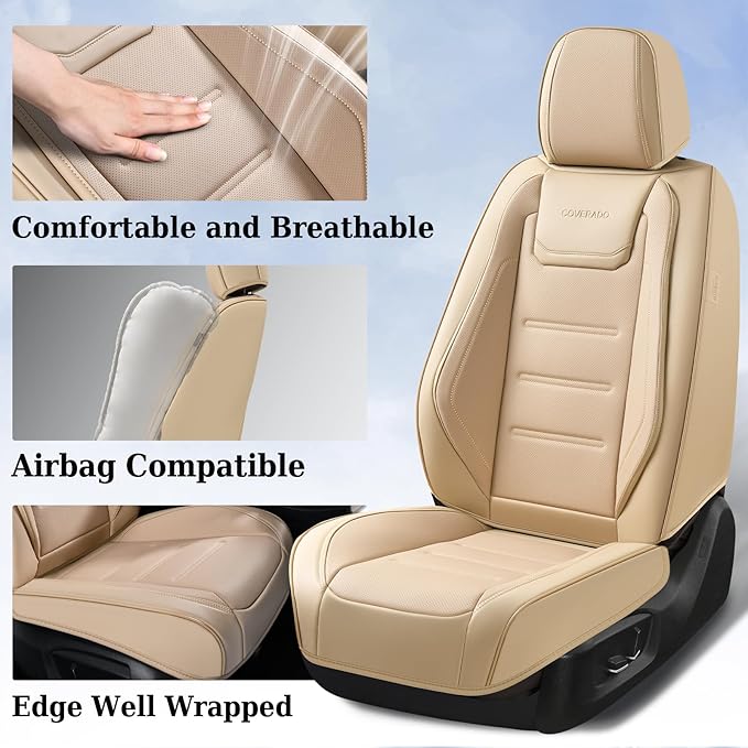 Coverado Car Seat Covers, Front Covers for Cars, Car Seat Cover Front Seats, Car Seat Protector Waterproof, Leather Car Seat Cushion, Universal Interior Covers Seat Protectors for Most Cars Beige