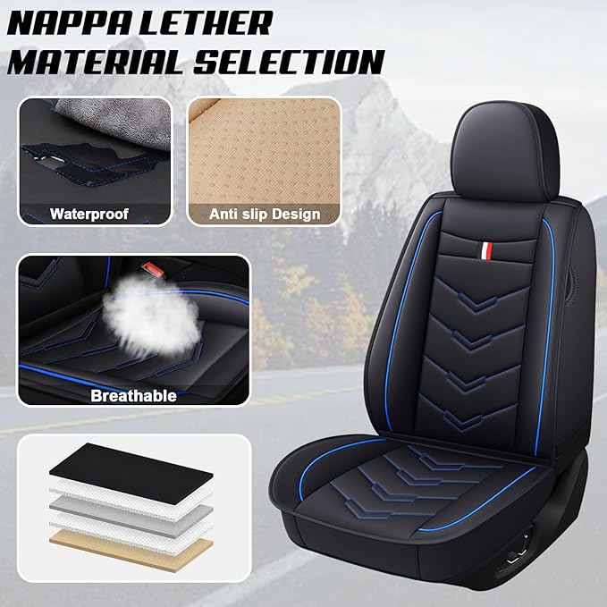 MVRVMV Seat Covers for Ford Ranger 2005-2026, Waterproof Leather Auto Seat Cover (5 Seat Standard,Black-Blue)