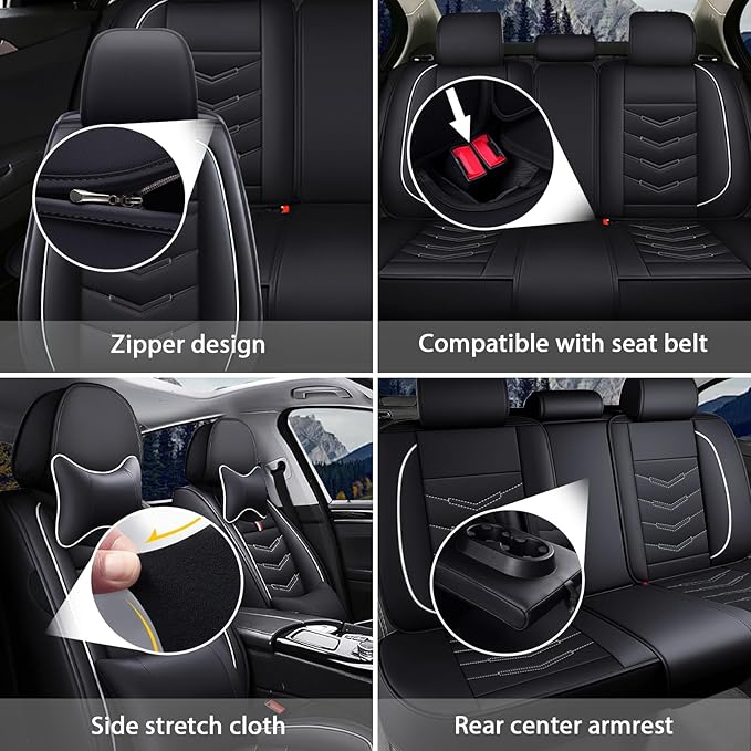 MVRVMV Luxury Car Seat Covers for Honda Pilot 2010-2026, Nappa Leather Auto Seat Cover with 2 Neck Pillows and 2 Lumbar Supports (2 Seat Luxury, Black-White)