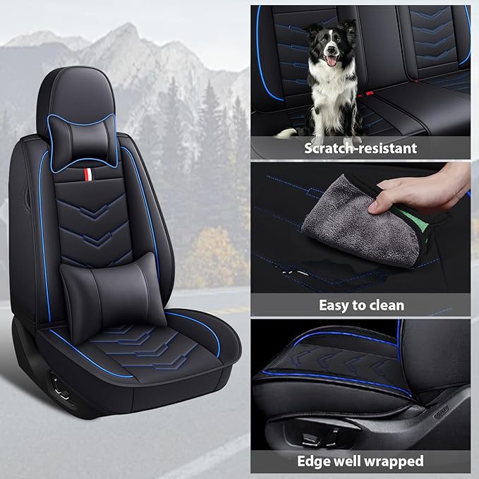 MVRVMV Seat Covers for Ford Expedition 2007-2026, Waterproof Leather Auto Seat Cover with 2* Neck Pillow and 2* Lumbar Support (2 Seat Luxury,Black-Blue)
