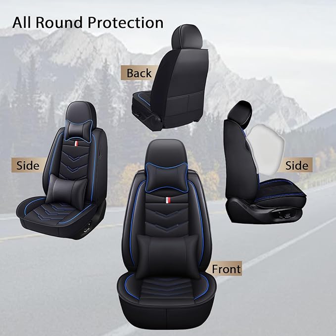 MVRVMV Seat Covers for Ford Ranger 2005-2026, Waterproof Leather Auto Seat Cover with 2* Neck Pillow and 2* Lumbar Support (5 Seat Luxury,Black-Blue)