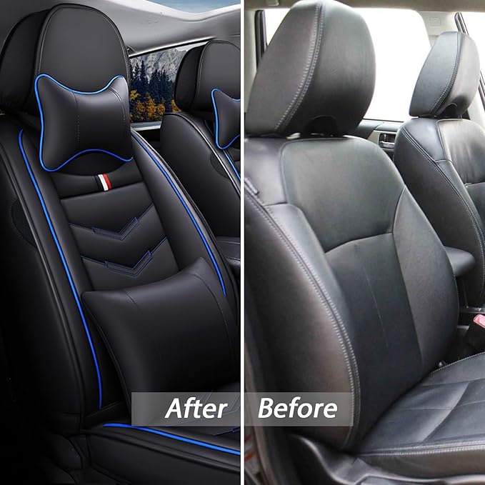 MVRVMV Seat Covers for Ford Mustang 2006-2026, Waterproof Leather Auto Seat Cover with 2* Neck Pillow and 2* Lumbar Support (5 Seat Luxury,Black-Blue)
