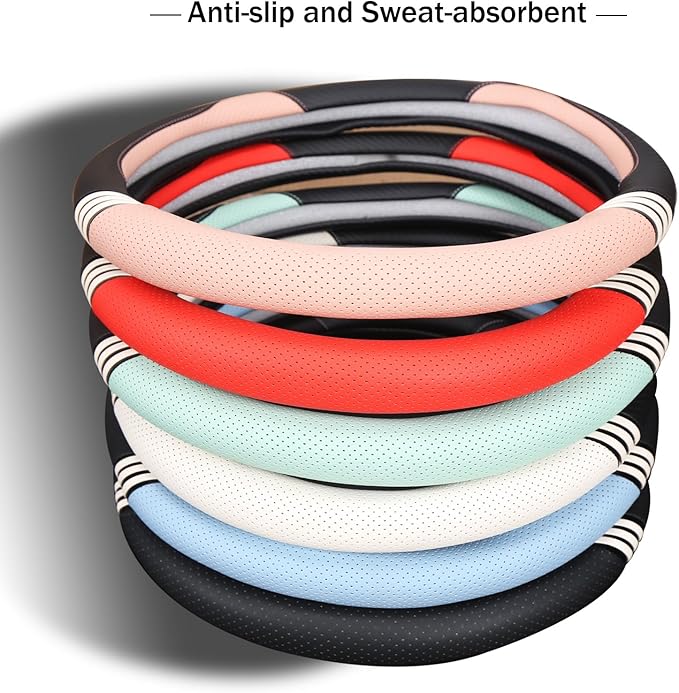 14 inch Cute Steering Wheel Cover for Women Men Faux Leather and Carbon Fiber,Black and White
