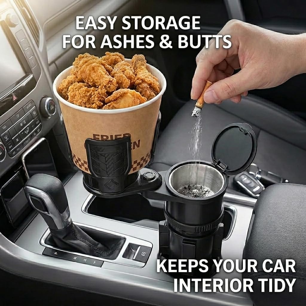 Universal 3-in-1 Car Cup Holder Expander with Removable Ashtray, Adjustable Base & Dual Drink Slots, Heavy-Duty Adapter Fits 18-40oz Bottles and Thermoses for Cars, Trucks, and SUVs