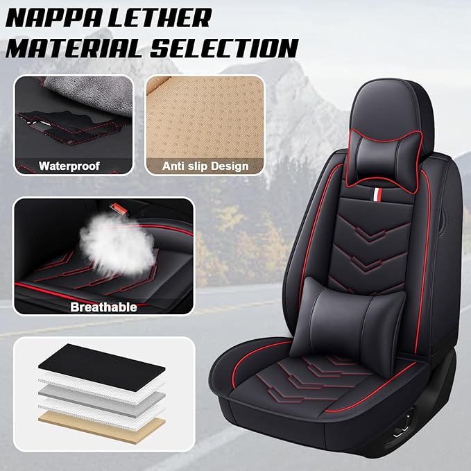 MVRVMV for Ford Expedition 2007-2026 Seat Covers, Waterproof Leather Seat Cover with 2* Neck Pillow and 2* Lumbar Support (2 Seat Luxury,Black-Red)